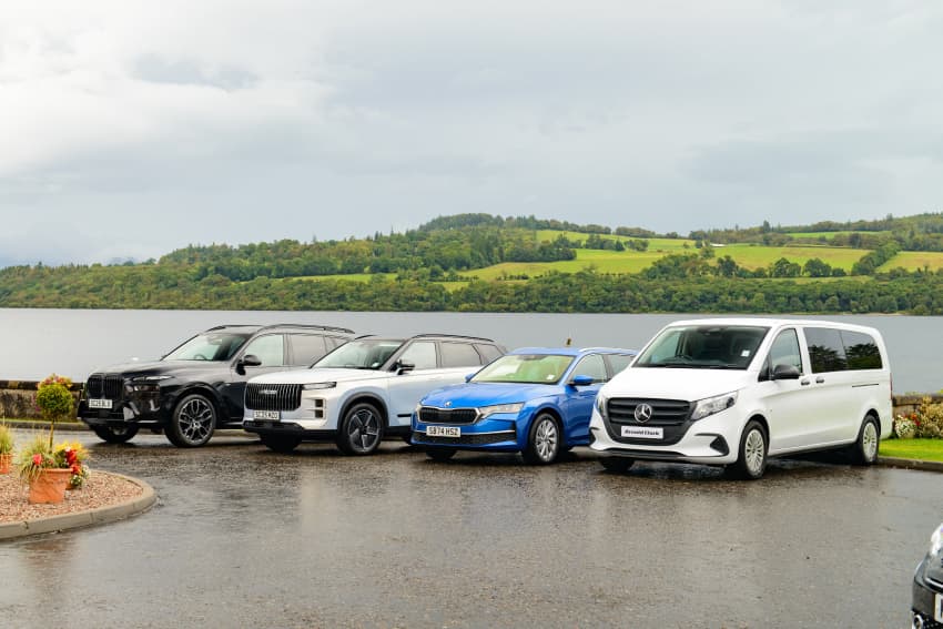 Front angled view of rental line-up with scenic background