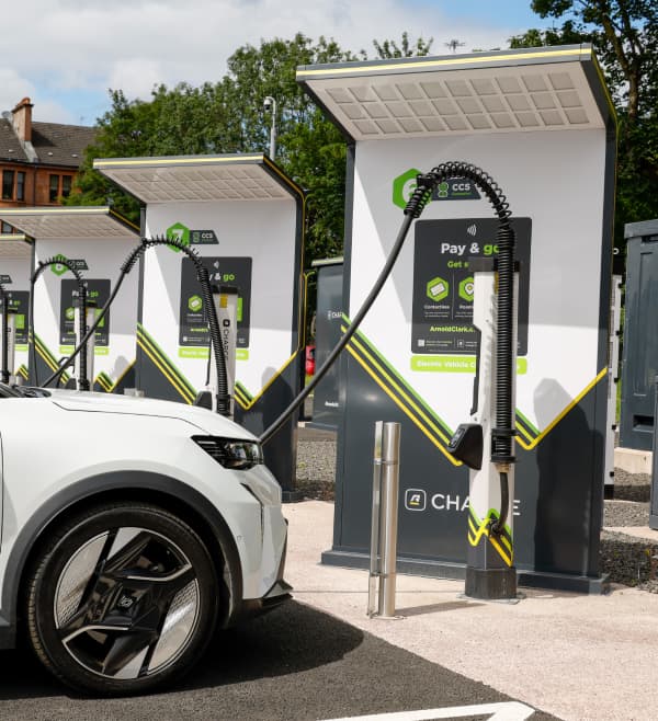 Electric car parked in Arnold Clark Charge charging bay