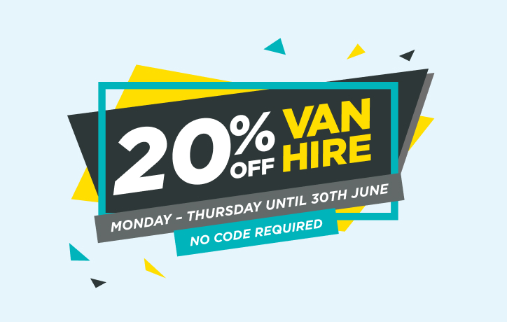 20% off Van Hire. Monday - Thursday. Offer ends 30th June.