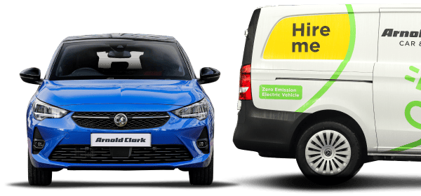 Front facing blue Vauxhall Corsa & side on of Arnold Clark Rental van